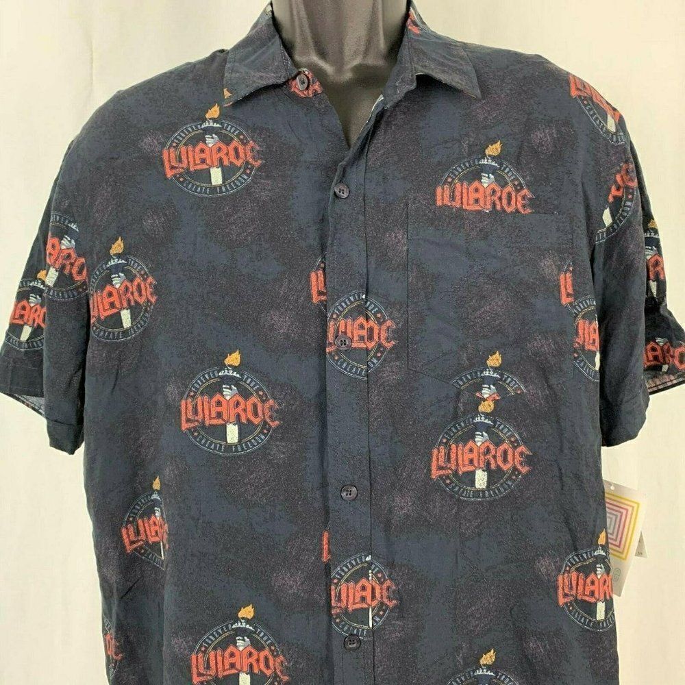 Lularoe Michael Button Up Shirt M Black Logo Short Sleeve Exclusive Rep